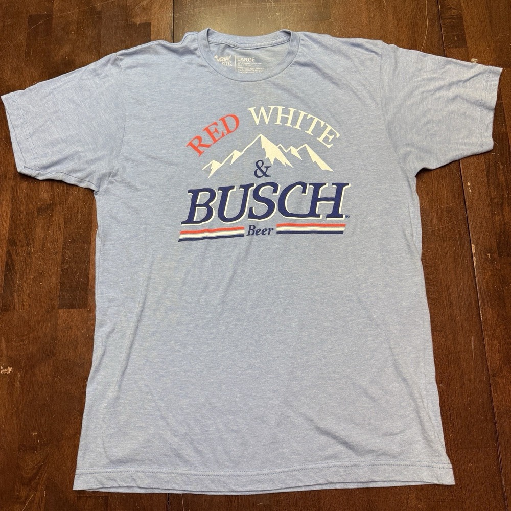 Brew City Busch Large Men's RED WHITE AND BUSCH Beer‎ Tee Soft Blue Shirt